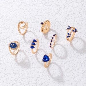 *HADLEE* 7-Pc Gold x Blue Fashion Ring Set